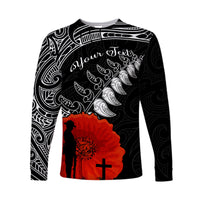 (Custom Personalised) New Zealand Anzac 2022 Long Sleeve Shirt Maori Mix Fern Poppy LT13 Unisex Black - Polynesian Pride