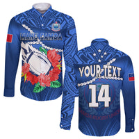 (Custom Text And Number) Samoa Rugby Long Sleeve Button Shirt Manu Samoa Polynesian Hibiscus Blue Style LT14 Unisex Blue - Polynesian Pride