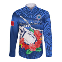 Samoa Rugby Long Sleeve Button Shirt Manu Samoa Polynesian Hibiscus Blue Style LT14 Unisex Blue - Polynesian Pride