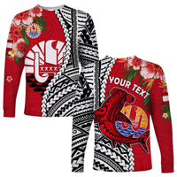 (Custom Personalised) Tahiti Islands Long Sleeve Shirt Polynesian Shark Mix Tropical Flowers LT14 Unisex Red - Polynesian Pride