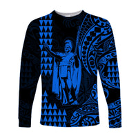 (Custom Text and Number) Hawaii Day Kakau Long Sleeve Shirt Proud To Be Hawaiian Blue King Kamehameha and Kanaka Maoli LT13 - Polynesian Pride