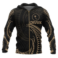 Chuuk Micronesia All Over Zip up Hoodie Gold Tribal Wave Unisex Black - Polynesian Pride