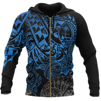 Guam Polynesian Zip up Hoodie Blue Turtle Flowing Unisex Blue - Polynesian Pride