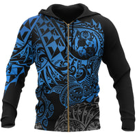 Tonga Polynesian Zip up Hoodie Blue Turtle Flowing Unisex Blue - Polynesian Pride