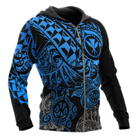 Polynesian Hawaii (Kanaka Maoli) Zip up Hoodie Blue Turtle Hibiscus Flowing - Polynesian Pride