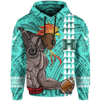 Polynesian Warrior Helmet Football Kanaka Kakau Hawaii Hoodie Turquoise - Polynesian Pride