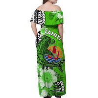 Tahiti Islands Off Shoulder Long Dress Polynesian Shark Mix Tropical Flowers Green Style LT14 - Polynesian Pride