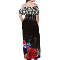 (Custom Personalised) Guam Chamorro Off Shoulder Long Dress Guaman Latte Stone Tropical Flowers Black Version LT14 - Polynesian Pride