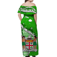 (Custom Personalised) Fiji Off Shoulder Long Dress Fijian Drua Mix Tagimaucia Flower Green Style LT14 - Polynesian Pride