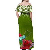 (Custom Personalised) Guam Chamorro Off Shoulder Long Dress Guaman Latte Stone Tropical Flowers Green Version LT14 - Polynesian Pride