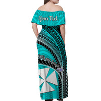 (Custom Personalised) Wallis And Futuna Off Shoulder Long Dress Plumeria Flowers With Turquoise Polynesian Pattern LT14 - Polynesian Pride