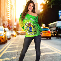 Cook Islands Off Shoulder Sweater Cook Islands Coat Of Arms Turtle Polynesian LT14 - Polynesian Pride