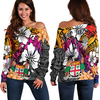 (Custom Text and Number) Fiji Tie Dye Off Shoulder Sweater Polynesian Tribal Creative Tropical Flowers LT13 Women Red - Polynesian Pride