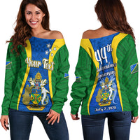 (Custom Personalised) Solomon Islands Day Off Shoulder Sweater 44 Years Independence Anniversary LT13 Women Green - Polynesian Pride