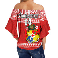 (Custom Text And Number) Tonga Rugby Off Shoulder Waist Wrap Top Mate Maa Tonga Pacific Ngatu White LT14 - Polynesian Pride