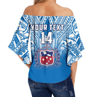 (Custom Text And Number) Samoa Rugby Off Shoulder Waist Wrap Top Personalise Toa Samoa Polynesian Pacific Blue Version LT14 - Polynesian Pride