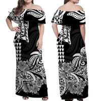 Hawaii Kakau Off Shoulder Long Dress Polynesian Floral Tribal Black Version LT9 - Polynesian Pride