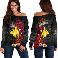 Papua New Guinea Independence Off Shoulder Sweater PNG Kumuls - Tribal Crocodile LT7 Women Black - Polynesian Pride