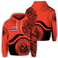 Hawaii Coat of Arms Zip Hoodie Waveshape Style Orange Unisex Art - Polynesian Pride