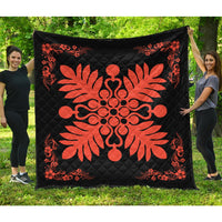 Hawaiian Quilt Maui Plant And Hibiscus Premium Quilt - Orange Black - AH Orange - Polynesian Pride