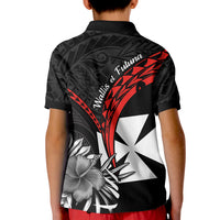 Wallis et Futuna Polo Shirt KID Polynesian Pattern and Hibiscus Flowers Version Black LT13 - Polynesian Pride