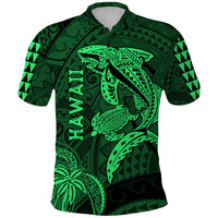 Hawaii Polo Shirt Shark and Turtle Mix Kakau Green LT9 Green - Polynesian Pride