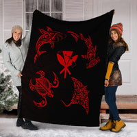 Polynesian Turtle Hammerhead Shark Ray Kanaka Hawaii Premium Blankets Circle Red - AH - Polynesian Pride