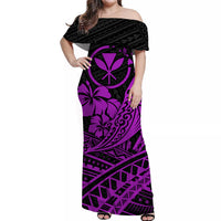 Hawaii Humpback Whale With Hibiscus Tribal Off Shoulder Dress Purple - LT12 Long Dress Purple - Polynesian Pride