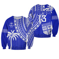 (Custom Text and Number) Fiji Rugby Sevens Sweatshirt Fijian 7s Tapa Polynesian Blue Ver.02 LT13 Unisex Blue - Polynesian Pride