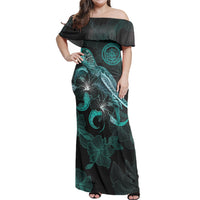 Palau Matching Dress and Hawaiian Shirt Palau Coat Of Arms with Polynesian with Turtle and Blooming Hibiscus Turquoise - Polynesian Pride