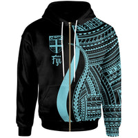 Fiji Zip up Hoodie Turquoise Tentacle Tribal Pattern Unisex White - Polynesian Pride