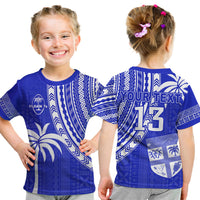 (Custom Text and Number) Fiji Rugby Sevens T Shirt KID Fijian 7s Tapa Polynesian Blue Ver.02 LT13 Youth XL Size14 - Polynesian Pride