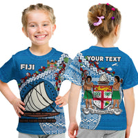 (Custom Personalised) Fiji T Shirt KID Fijian Drua Mix Tagimaucia Flower Blue Style LT14 Youth XL Size14 - Polynesian Pride
