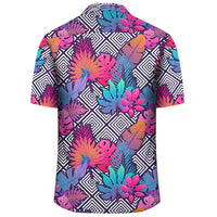 Tropical Exotic Leaves And Flowers On Geometrical Ornament Hawaiian Shirt - Polynesian Pride
