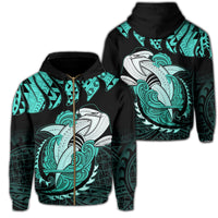 Hawaii Polynesian Aumakua Hammerhead Shark Hoodie Zip Cloud Style Turquoise Unisex Turquoise - Polynesian Pride