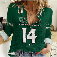 (Custom Text And Number) Hawaii Football Women Casual Shirt Kakau Rainbow Warriors Helmet Go Bows LT14 Female Green - Polynesian Pride