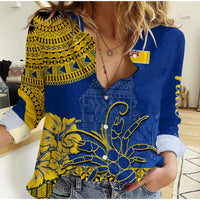 (Custom Personalised) Niue Hiapo Women Casual Shirt Rock of Polynesia Tapa Niuean Crab Happy Day LT13 Female Blue - Polynesian Pride