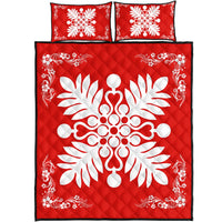 Hawaiian Quilt Maui Plant And Hibiscus Pattern Quilt Bed Set - White Red - AH White - Polynesian Pride
