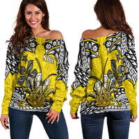 Niue Uga Off Shoulder Sweater Tribal Patterns Yellow Style LT6 - Polynesian Pride