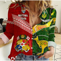 (Custom Personalised) Mate Ma'a Tonga Ngatu And Australia Kangaroos Aboriginal Woman Casual Shirt Rugby Together LT8 Female - Polynesian Pride