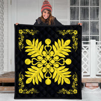 Hawaiian Quilt Maui Plant And Hibiscus Premium Quilt - Yellow Black - AH - Polynesian Pride
