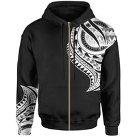 Papua New Guinea Zip Hoodie Papua New Guinea Tatau White Patterns With Coat of Arms Unisex Black - Polynesian Pride