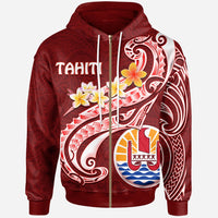 Tahiti Zip up Hoodie Tahiti Seal Polynesian Patterns Plumeria Unisex Red - Polynesian Pride