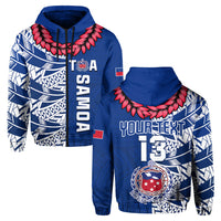 (Custom Text and Number) Toa Samoa Rugby Hoodie Siamupini Ula Fala Blue LT13 Zip Hoodie Blue - Polynesian Pride