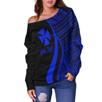 Wallis And Futuna Custom Personalised Women's Off Shoulder Sweater - Blue Polynesian Tentacle Tribal Pattern - Polynesian Pride