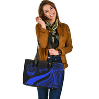 Marshall Islands Custom Personalised Large Leather Tote Bag - Blue Polynesian Tentacle Tribal Pattern Crest - Polynesian Pride