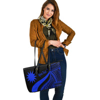 Nauru Custom Personalised Large Leather Tote Bag - Blue Polynesian Tentacle Tribal Pattern - Polynesian Pride
