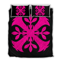 Hawaiian Royal Pattern Quilt Bed Set - Black And Pink - F3 Style - AH Art - Polynesian Pride