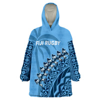 (Custom Text And Number) Fiji Rugby Fijian Cibi Dance Tapa Pattern Blue Wearable Blanket Hoodie LT14 Unisex One Size - Polynesian Pride