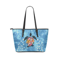 Personalized - Hawaii Turtle Hibiscus Plumeria Blue Small Leather Tote Bag - Polynesian Pride